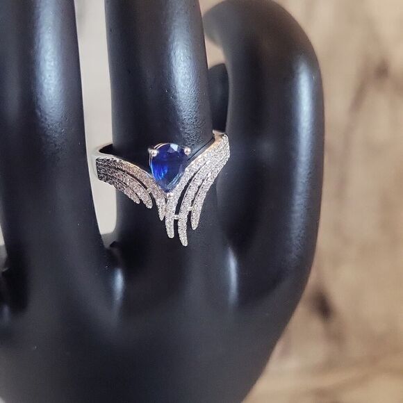 Wing Angel Ring with Inlaid Zircon Blue and Diamond Silver Plated - Picture 3 of 8
